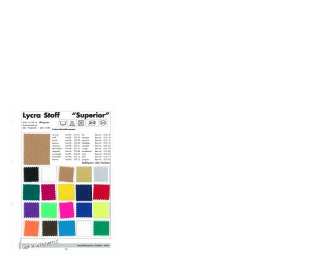 Lycra Stoffe uni schwere Qualität für Sportbekleidung

Diese elastischen Lycra Stoffe eignen sich zum Beispiel hervorragend für Gardekostüme, Gardeuniformen, Mariechenkostüme sowie auch für Voltigieranzüge, Rock´n´Rollbekleidung, Turnanzüge und für die Herstellung von Sportkleidung im allgemeinen.
Die Stoffbreite ist ca.: 150 cm
Die Zusammensetzung: 80% Polyamid/ 20% Lycra (Markengarn!)
Das Gewicht:
ca. 190 Gramm pro qm (+/- 3%)
ca. 290 Gramm pro laufenden Meter (+/- 3%)
Wir empfehlen folgende Waschanleitung: 30° Schonwaschgang nicht trocknen, bügeln oder bleichen.

￼Lycra Stoffe